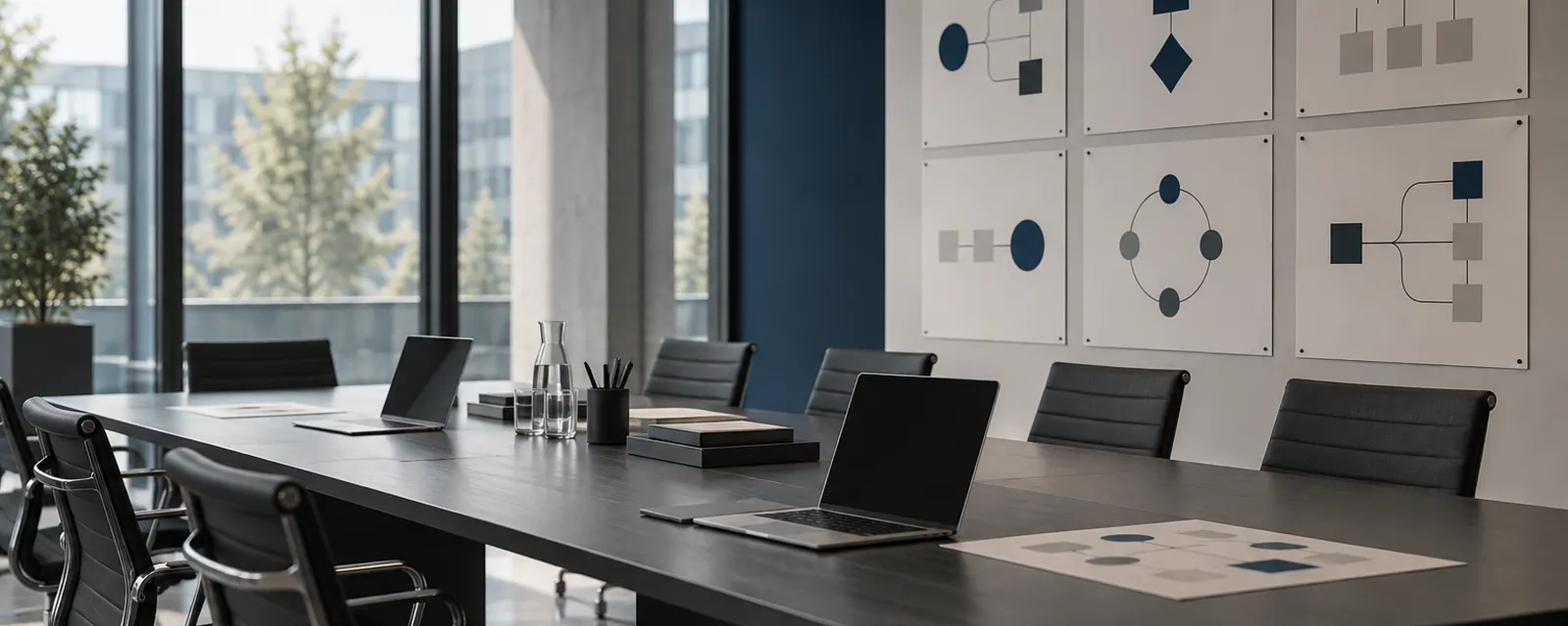 Projektraum mit großem Tisch, Laptops und Ablaufdiagrammen an der Wand