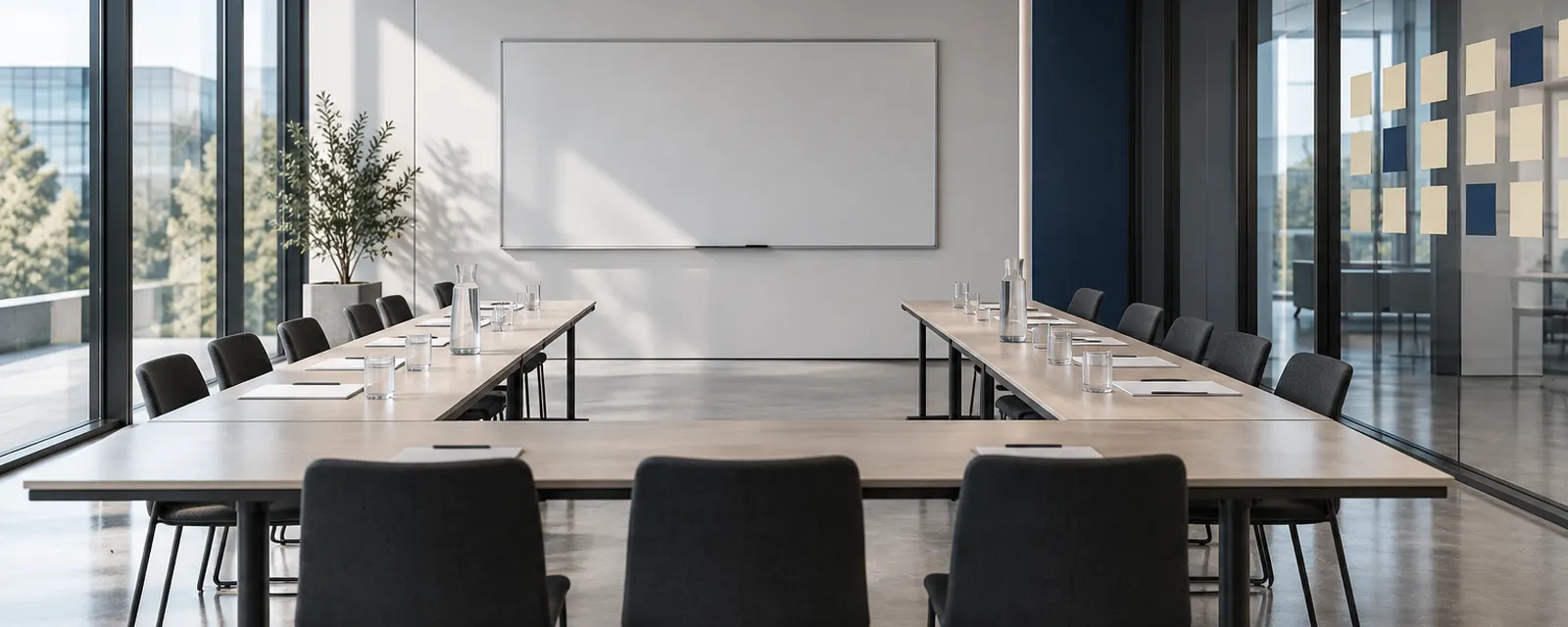 Heller Workshopraum mit Tischen in U-Form und leerem Whiteboard