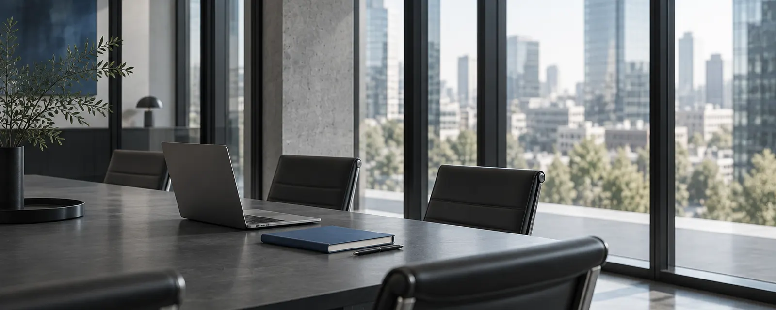 Besprechungstisch mit Laptop vor bodentiefen Fenstern mit Blick über die Stadt
