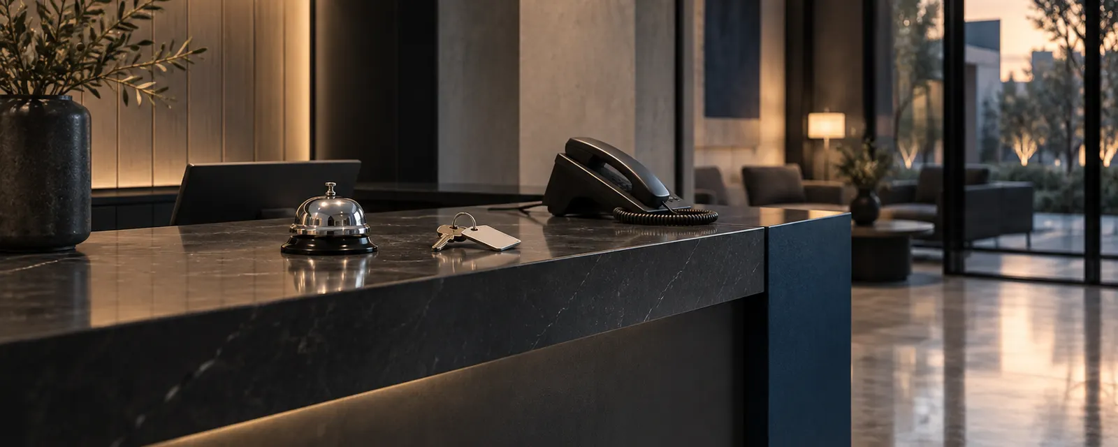 Empfangstheke mit Telefon, Klingel und Zimmerschlüsseln